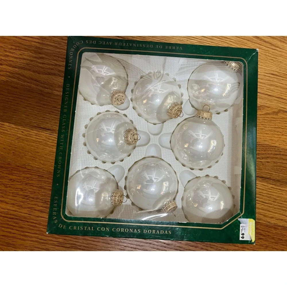 Vtg Christmas by Krebs Designer Glass Ornaments Iridescent White Gold Crowns  8